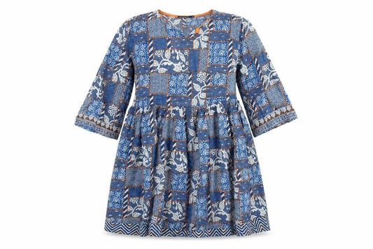 Generation Basic Women Blue Geometric A-Line Knee Length Cotton Dress Size 14