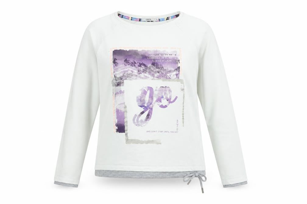 Cecil Women White Long Sleeve Cotton Blend Graphic T-Shirt Size S