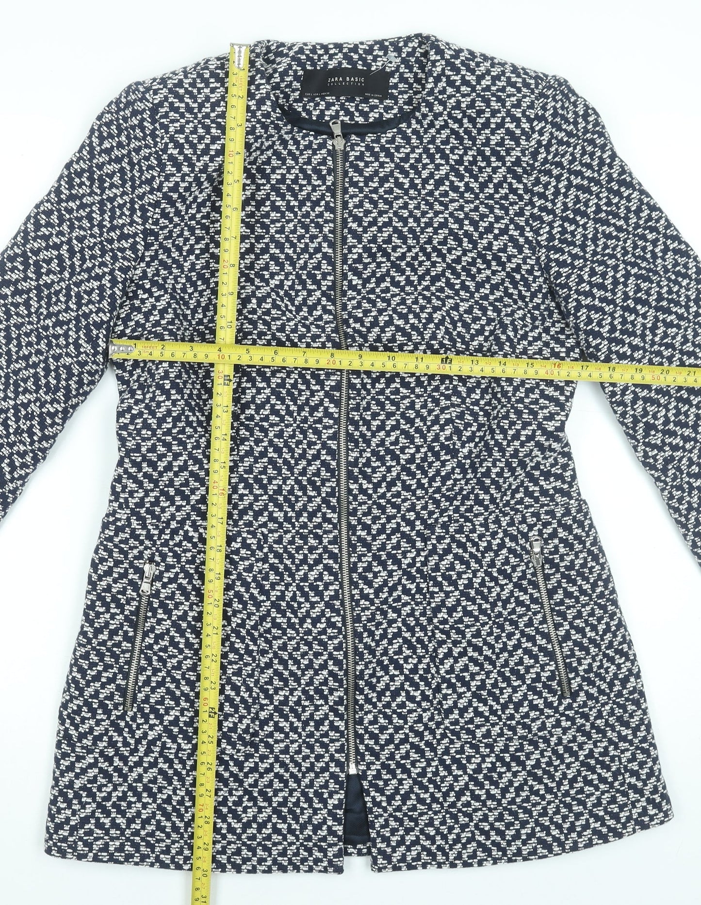 Zara Women Blue Geometric Tweed Long Coat Size 16