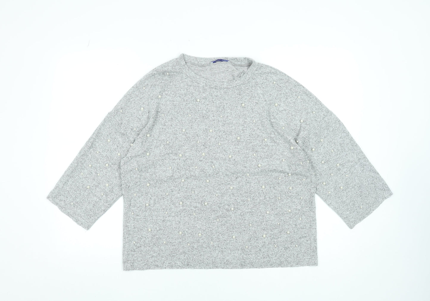 Zara Women Grey Beaded Knit Blouse M Relaxed 3/4 Sleeve Crew Neck