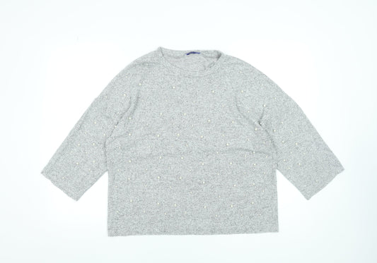 Zara Women Grey Beaded Knit Blouse M Relaxed 3/4 Sleeve Crew Neck
