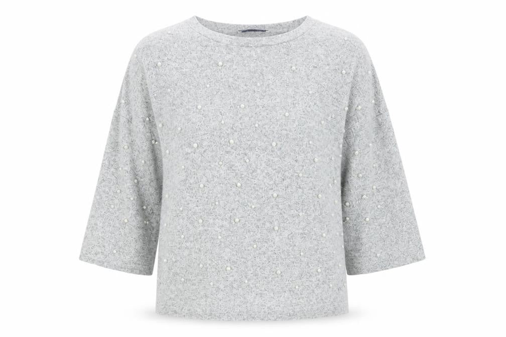 Zara Women Grey Beaded Knit Blouse M Relaxed 3/4 Sleeve Crew Neck