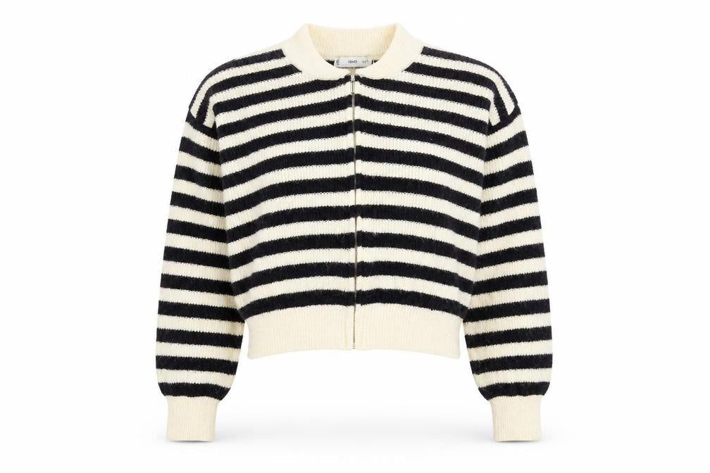 Mango Women’s Black & White Striped Full Zip Knit Jumper Size 12