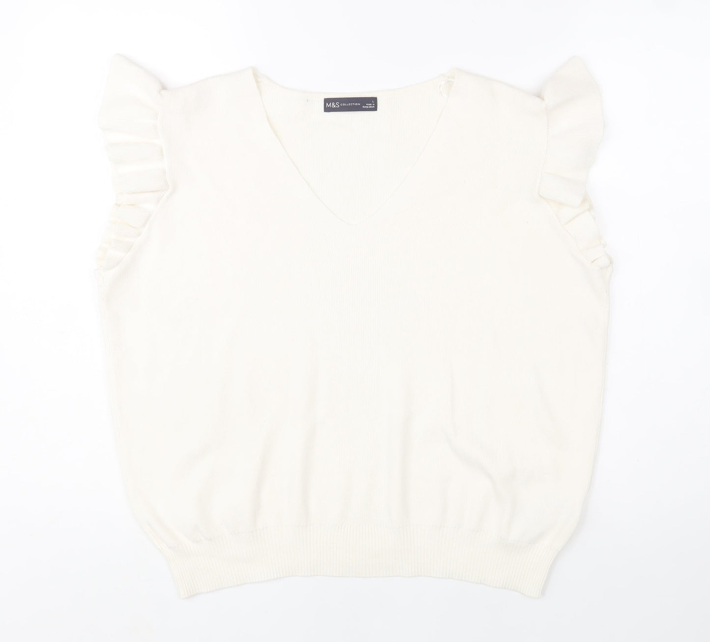 Marks and Spencer Women Ivory Sleeveless V-Neck Ruffle Knit Jumper L
