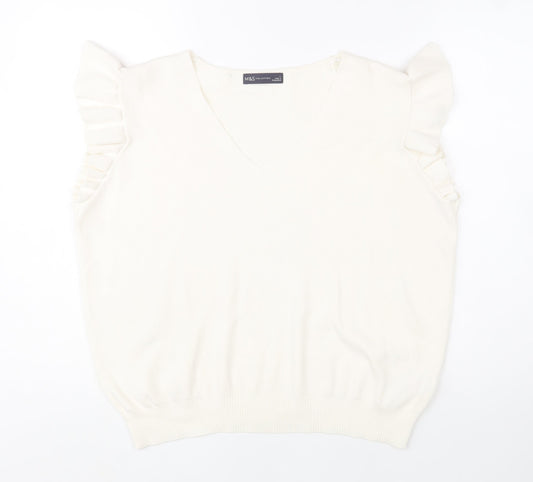 Marks and Spencer Women Ivory Sleeveless V-Neck Ruffle Knit Jumper L