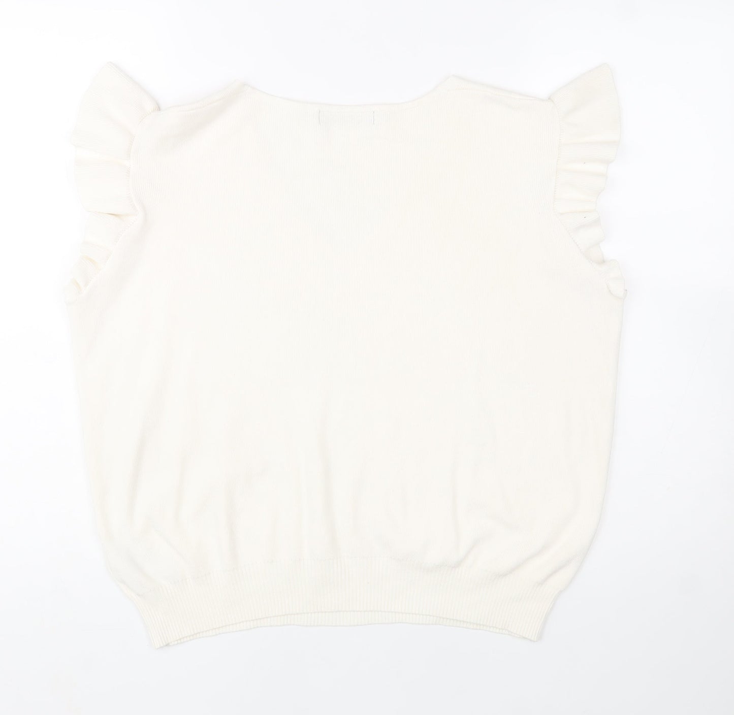 Marks and Spencer Women Ivory Sleeveless V-Neck Ruffle Knit Jumper L