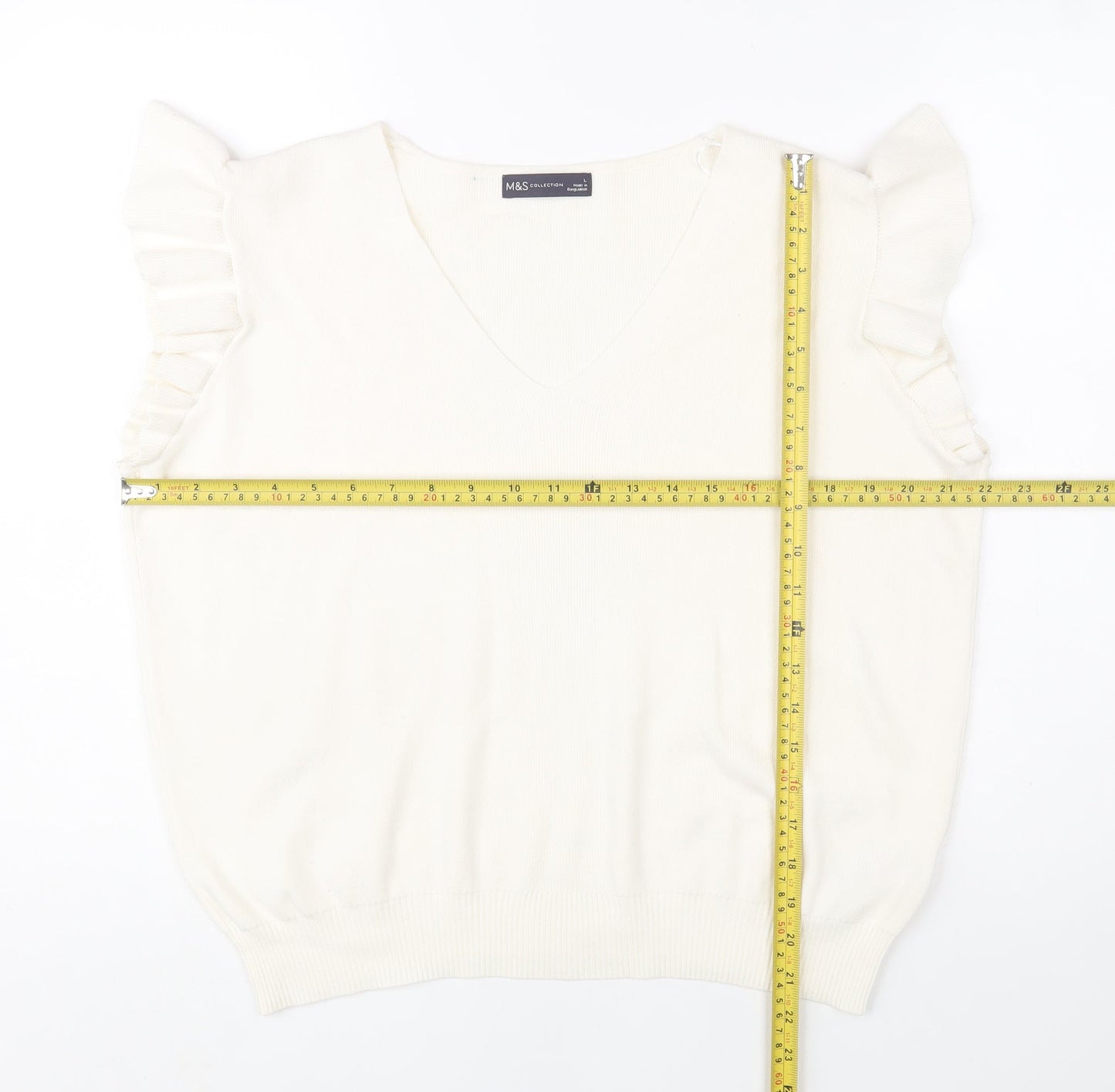 Marks and Spencer Women Ivory Sleeveless V-Neck Ruffle Knit Jumper L