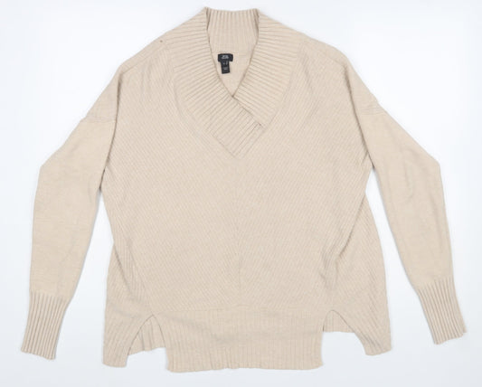 River Island Womens Beige V-Neck Long Sleeve Ribbed Knit Jumper Size S