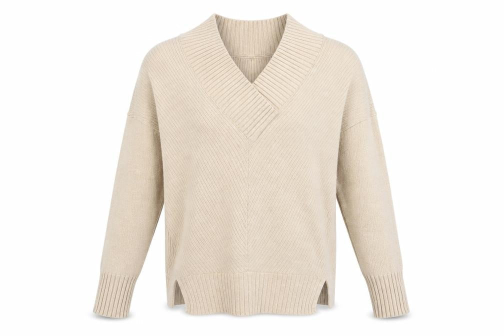 River Island Womens Beige V-Neck Long Sleeve Ribbed Knit Jumper Size S