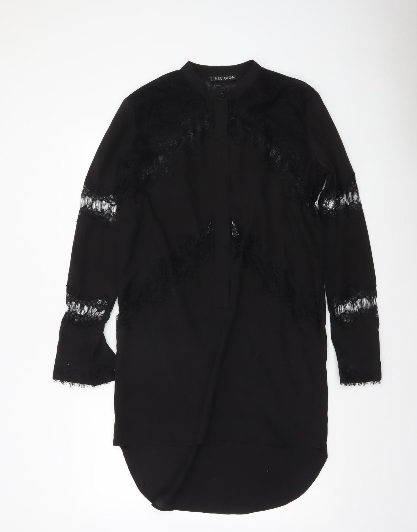Religion Women’s Black Lace Tunic Blouse XS Long Sleeve Classic Style