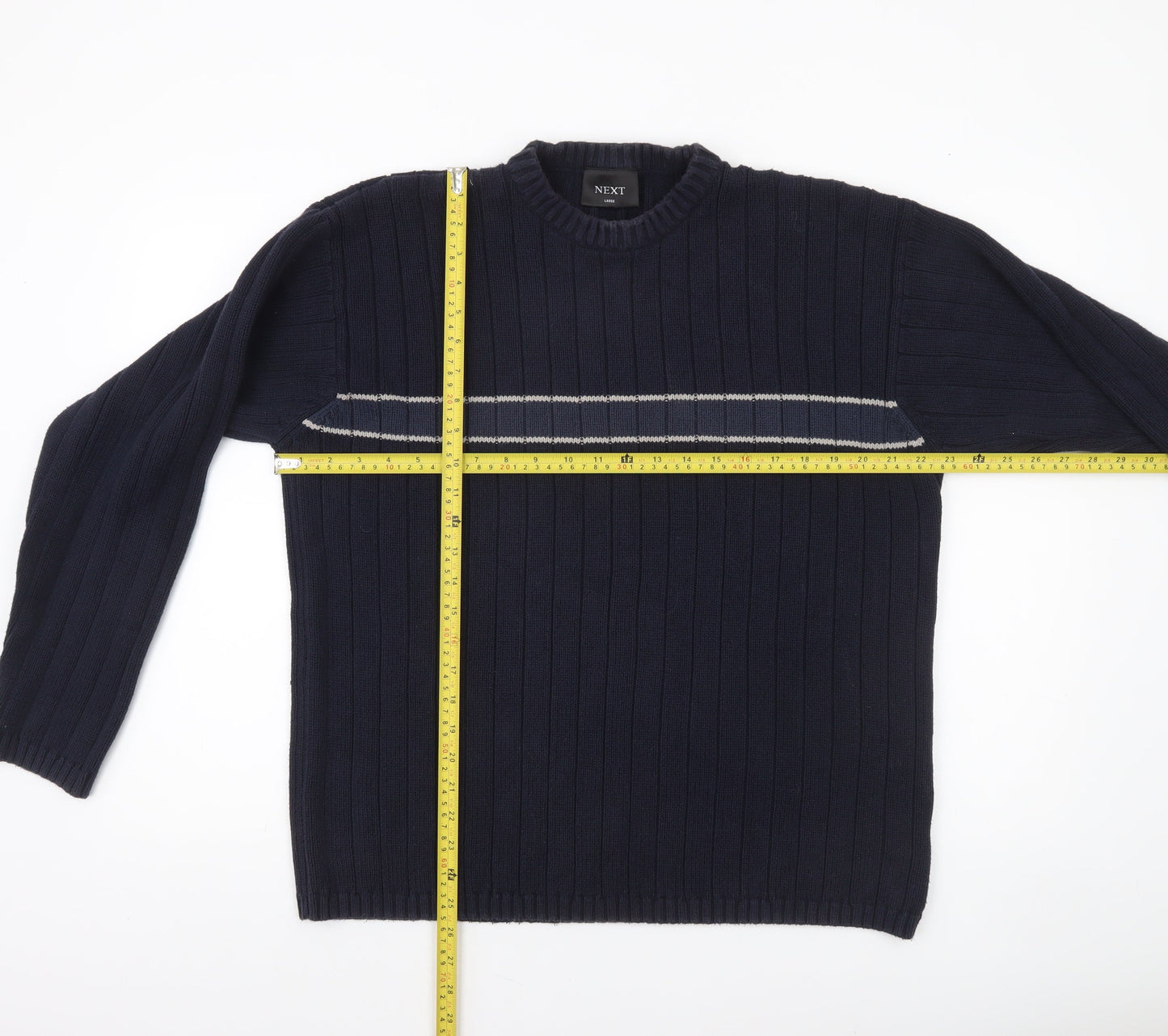 Next Mens Blue Cotton Ribbed Crew Neck Jumper Size L