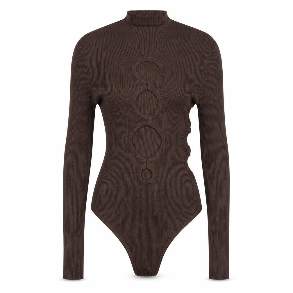 PRETTYLITTLETHING Women Brown Long Sleeve Cut Out Ribbed Bodysuit Size S