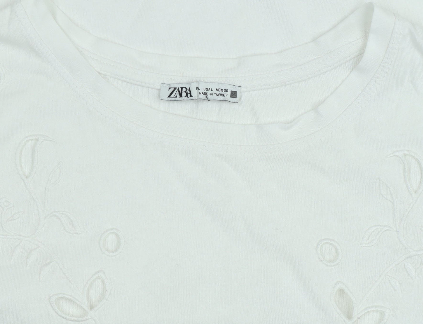 Zara Women White Embroidered Cotton Short Sleeve T-Shirt L