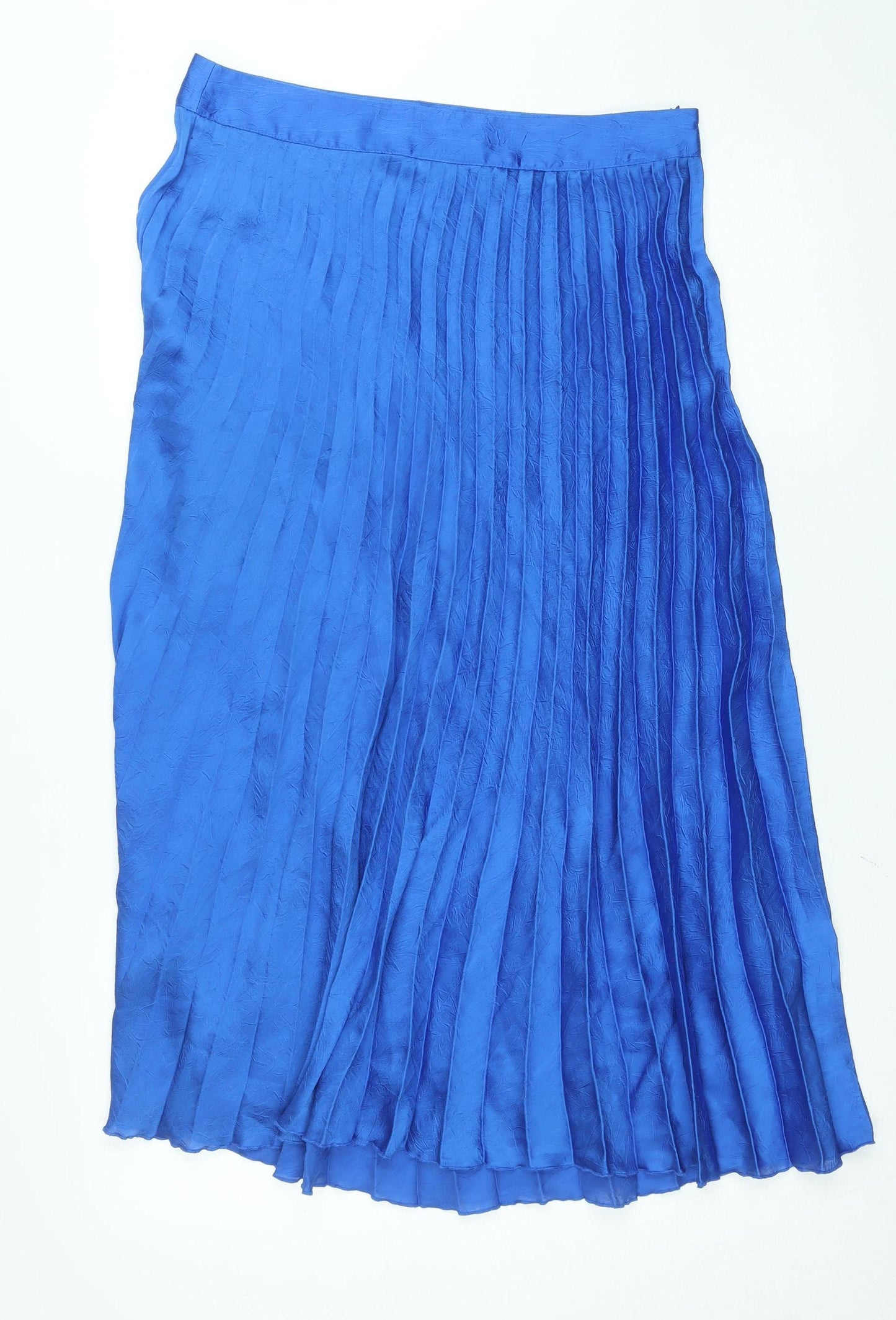 Zara Women Blue Pleated Midi Skirt XL Polyester Satin Zip