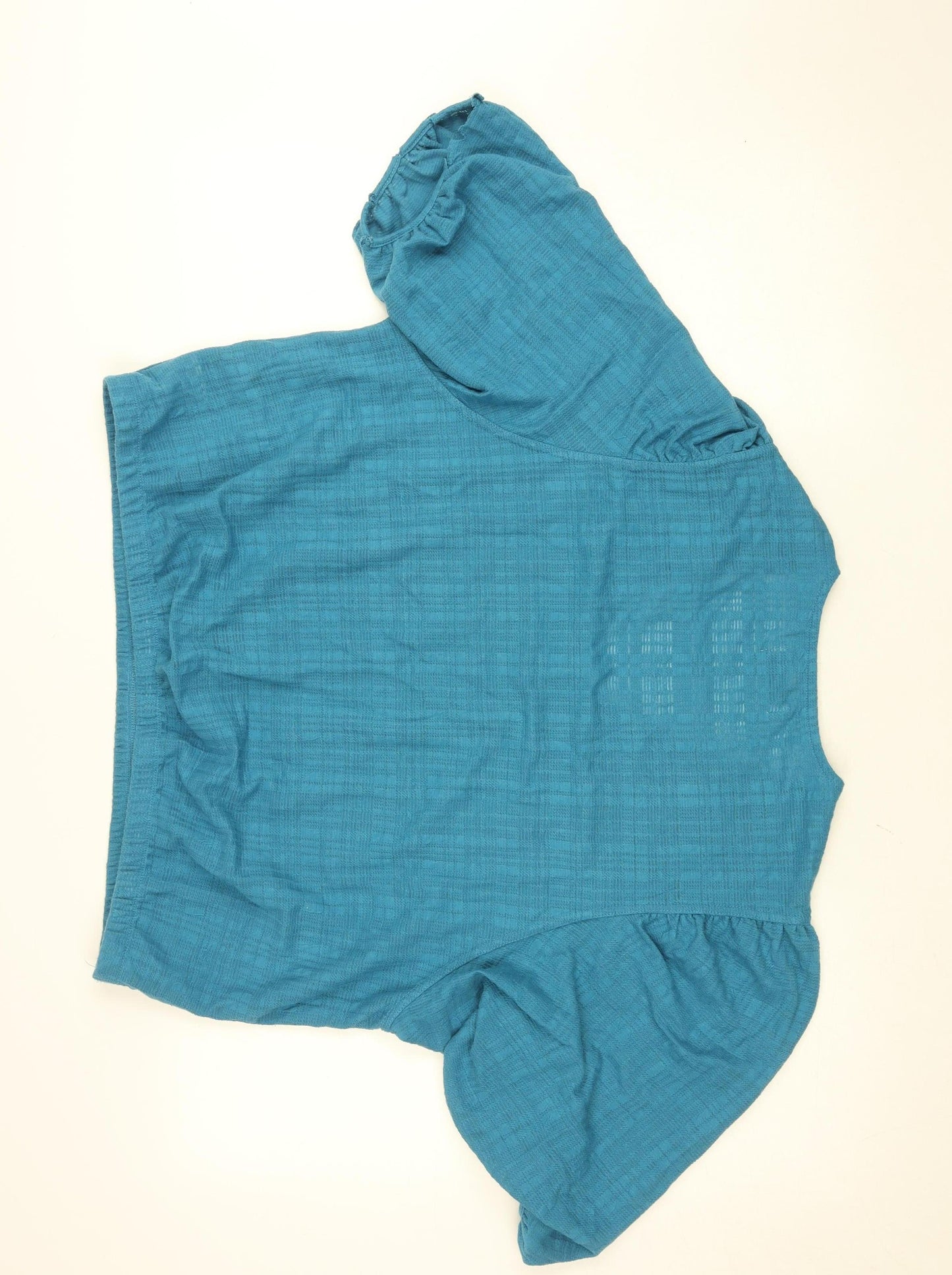 Gallery Women's Blue Cropped Puff Sleeve V-Neck Blouse Size L