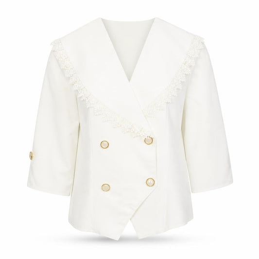Amanda Blake Women's Ivory Double-Breasted Lace Trim Blazer UK 12