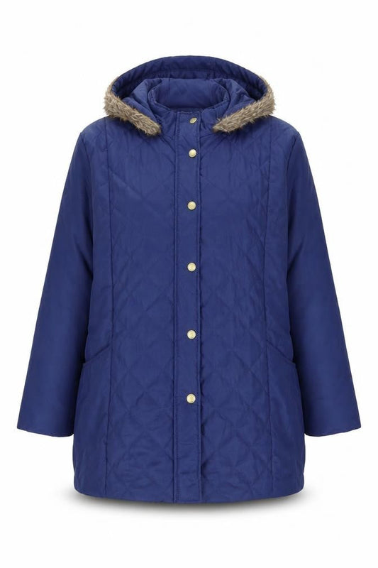 Front view of Anne de Lançay Women's Blue Quilted Hooded Winter Coat XL