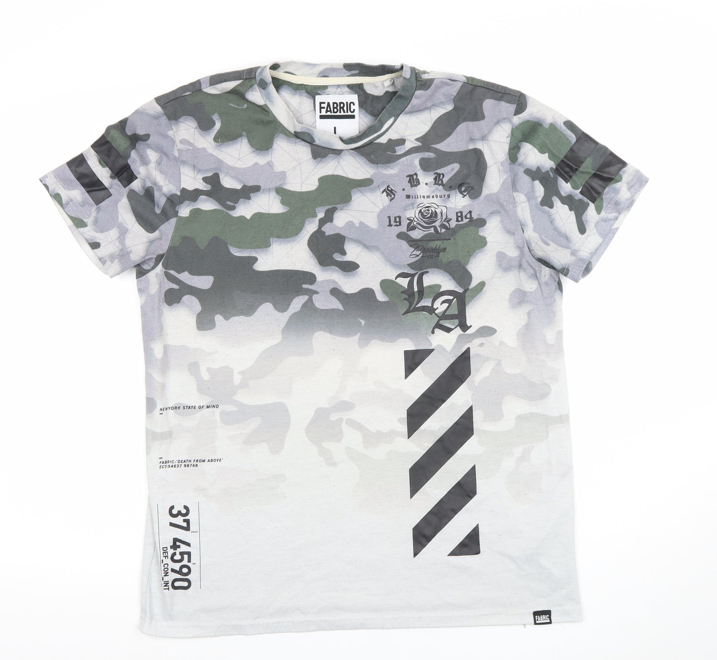 Fabric Mens Camouflage Graphic Print Crew Neck T-Shirt Green Grey Size L