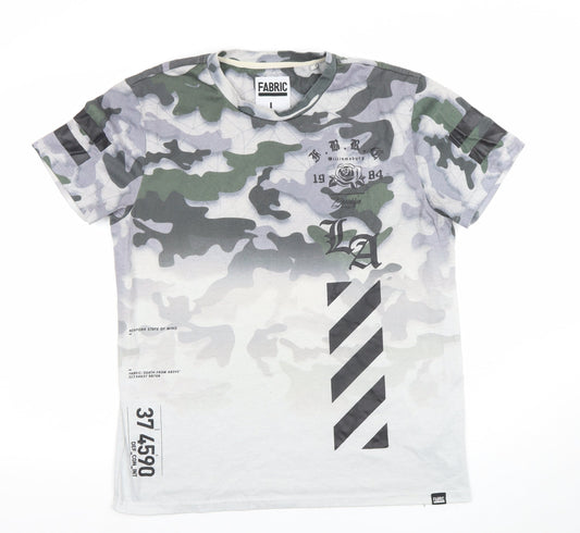 Fabric Mens Camouflage Graphic Print Crew Neck T-Shirt Green Grey Size L