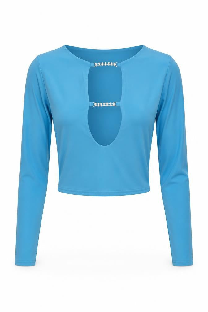 PRETTYLITTLETHING Women's Blue Cropped Long Sleeve Beaded Top Size 6