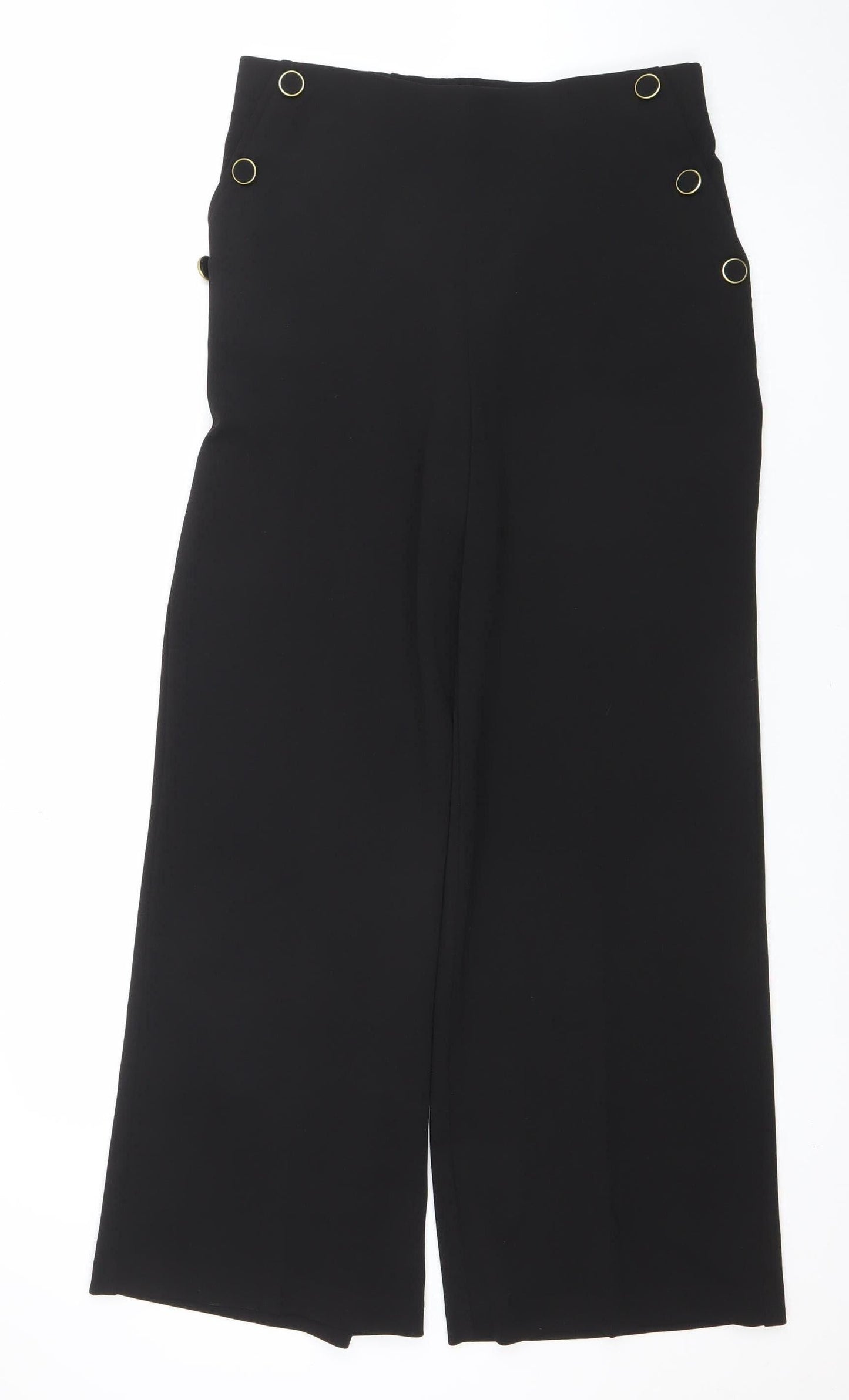 F&F Women Black UK 12 Cropped Trousers Elastic Waist Gold Rings