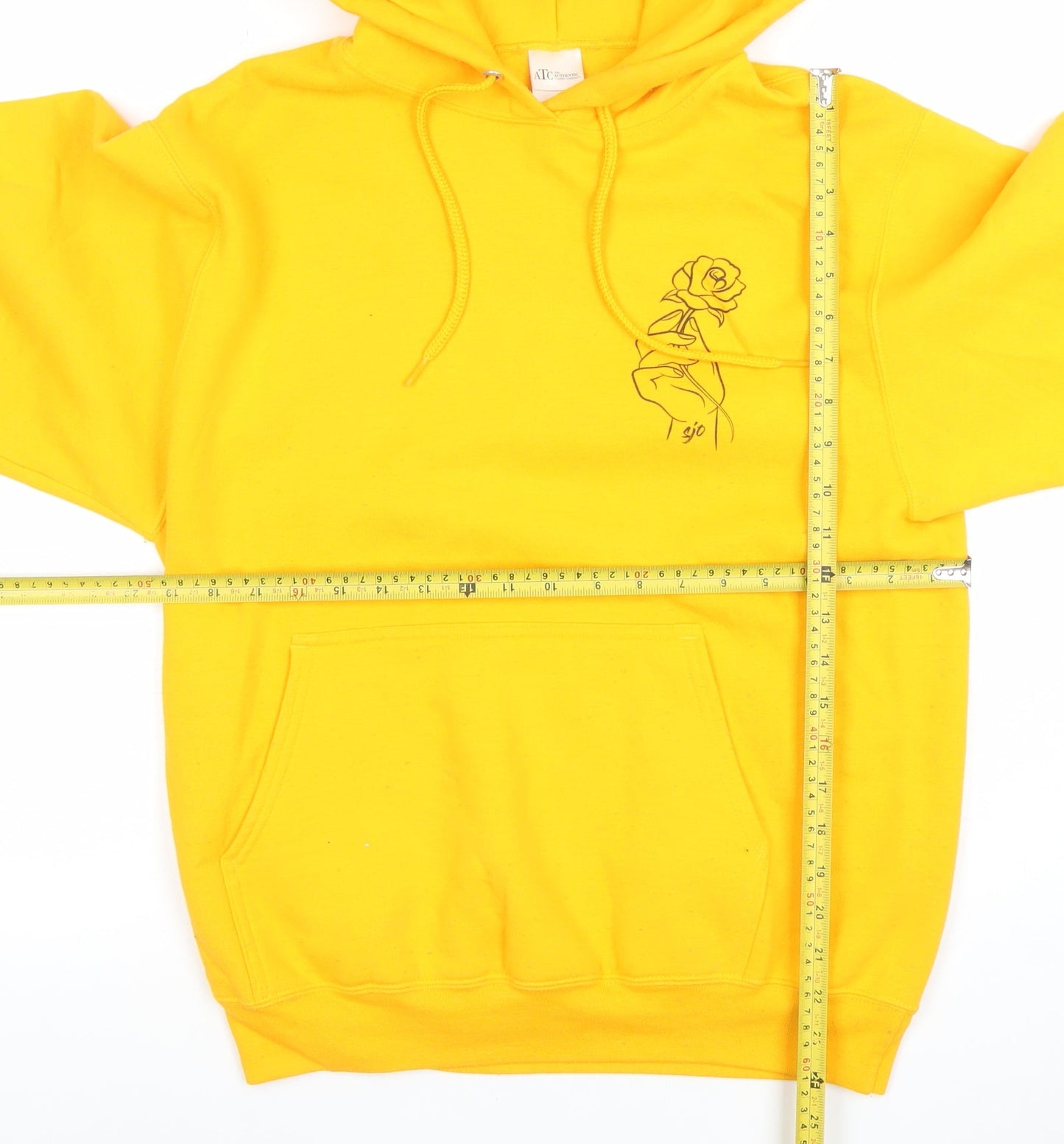 ATC Mens Yellow Pullover Hoodie S Graphic Rose Print Fleece