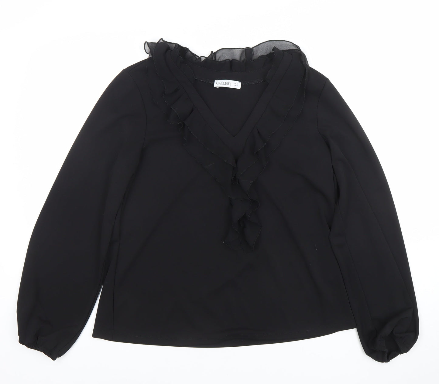 Gallery Womens Black Ruffle Chiffon V-Neck Long Sleeve Blouse Size 14
