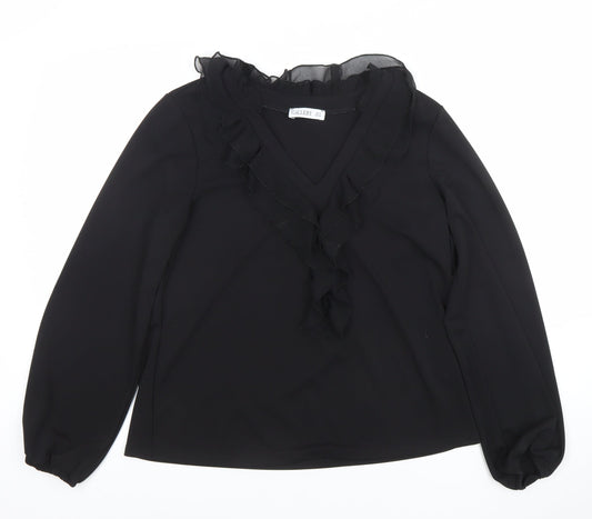 Gallery Womens Black Ruffle Chiffon V-Neck Long Sleeve Blouse Size 14