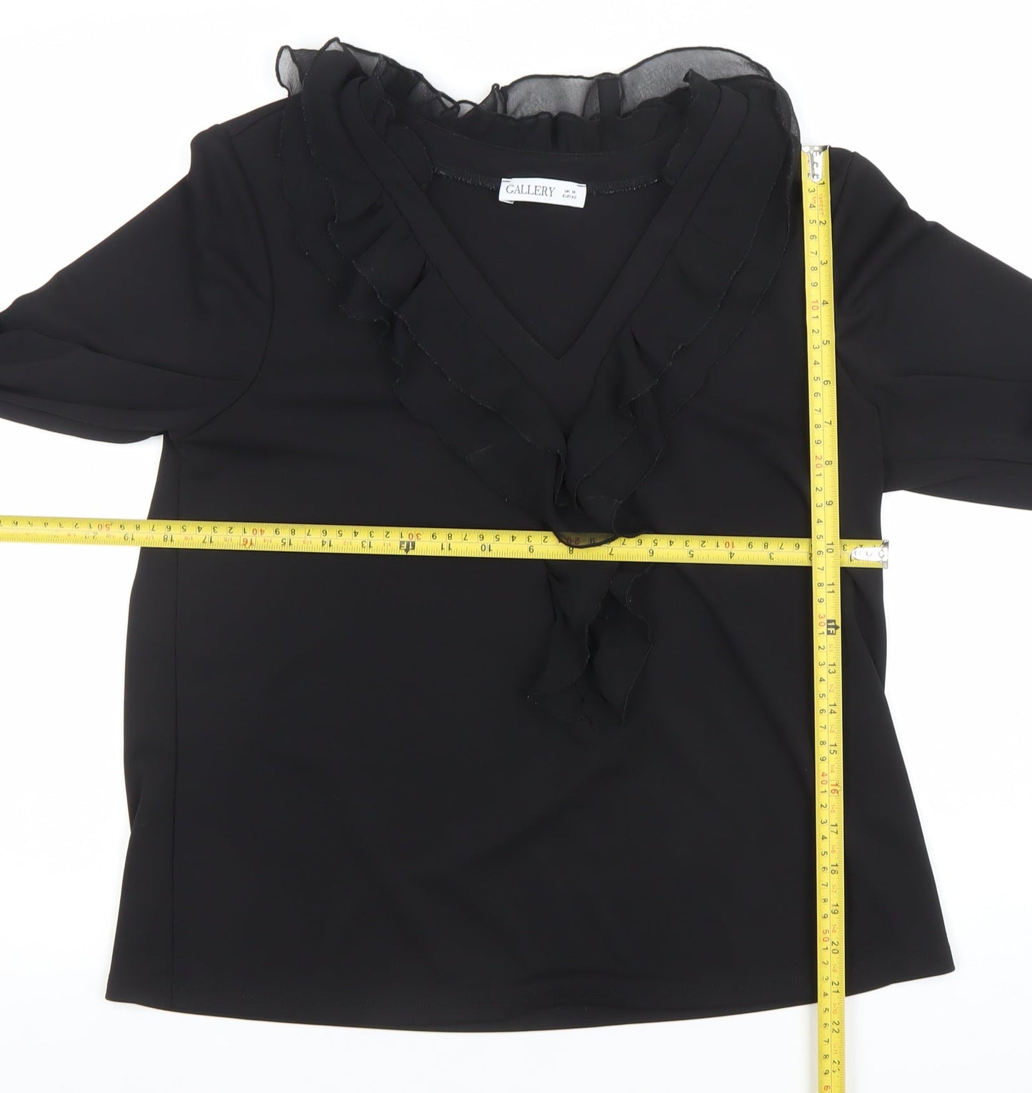 Gallery Womens Black Ruffle Chiffon V-Neck Long Sleeve Blouse Size 14