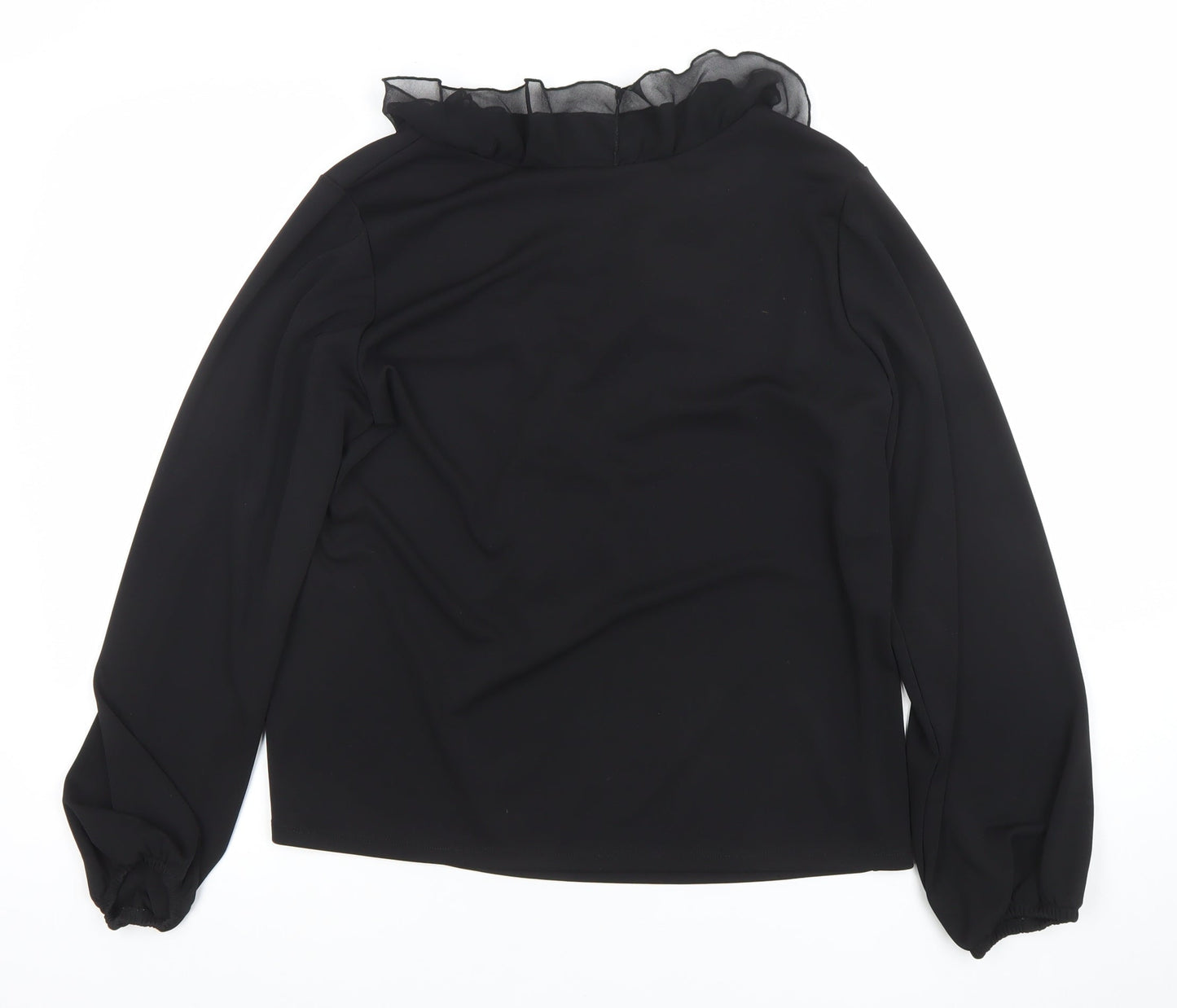 Gallery Womens Black Ruffle Chiffon V-Neck Long Sleeve Blouse Size 14