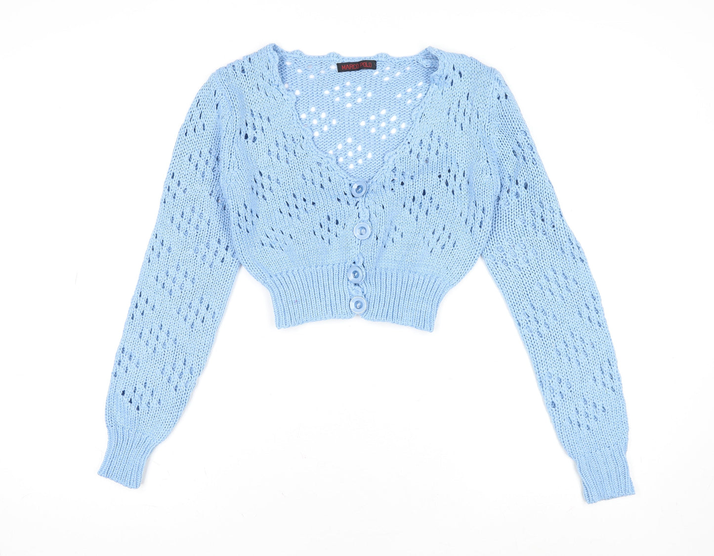 Marco Polo Women Blue V-Neck Open-Knit Button Cardigan M