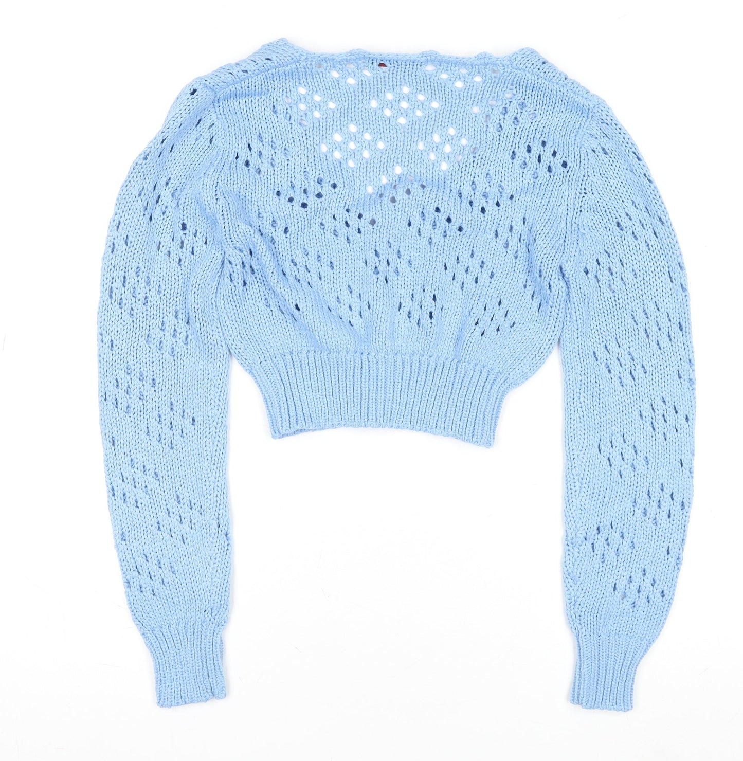 Marco Polo Women Blue V-Neck Open-Knit Button Cardigan M