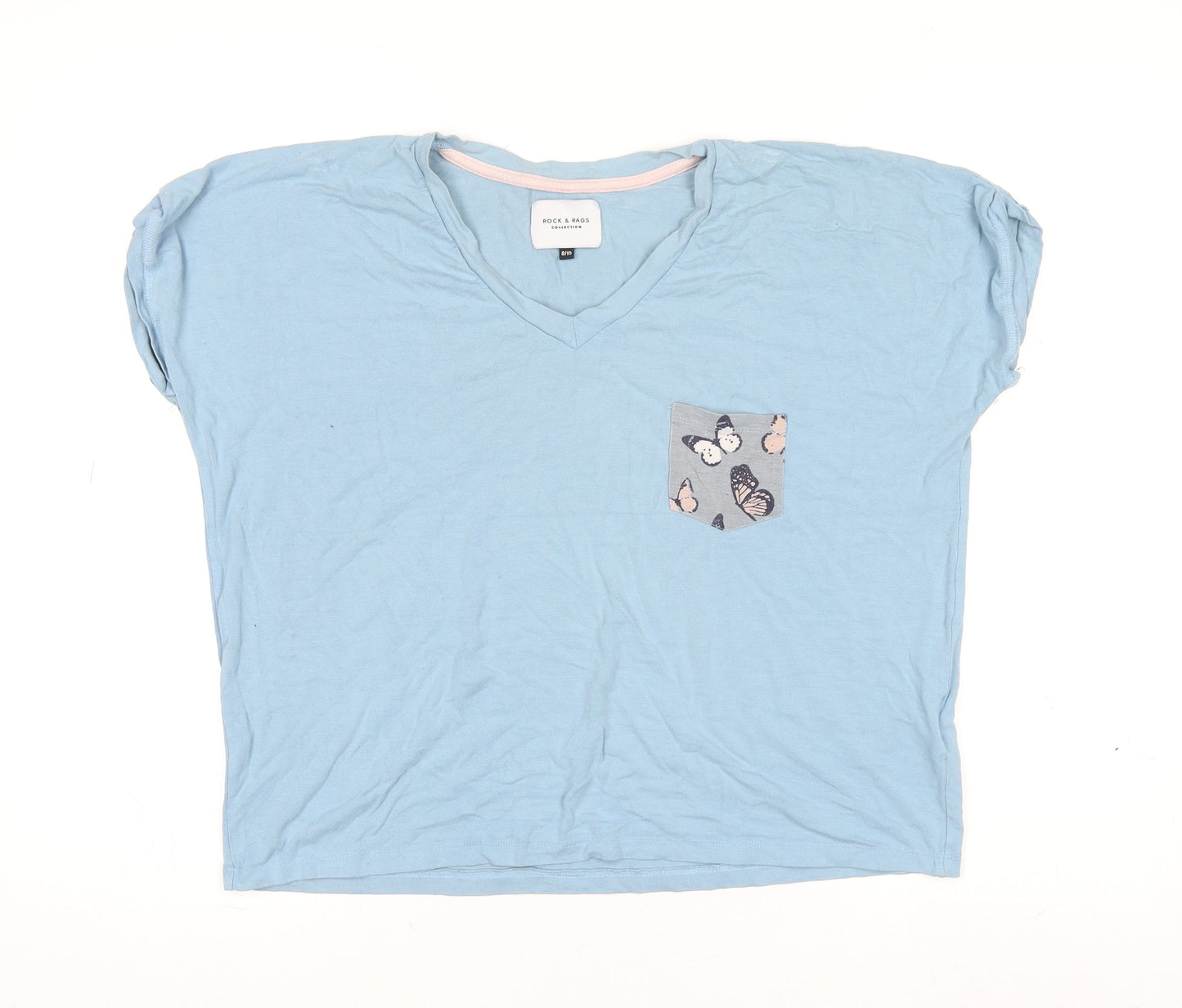 Rock & Rags Women's Blue Butterfly Pocket V-Neck Cotton T-Shirt Size 8-10