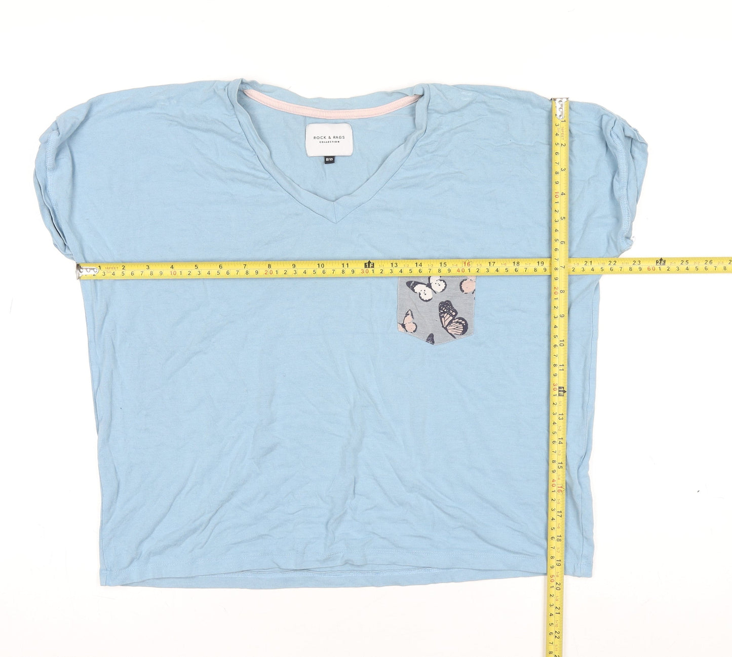Rock & Rags Women's Blue Butterfly Pocket V-Neck Cotton T-Shirt Size 8-10