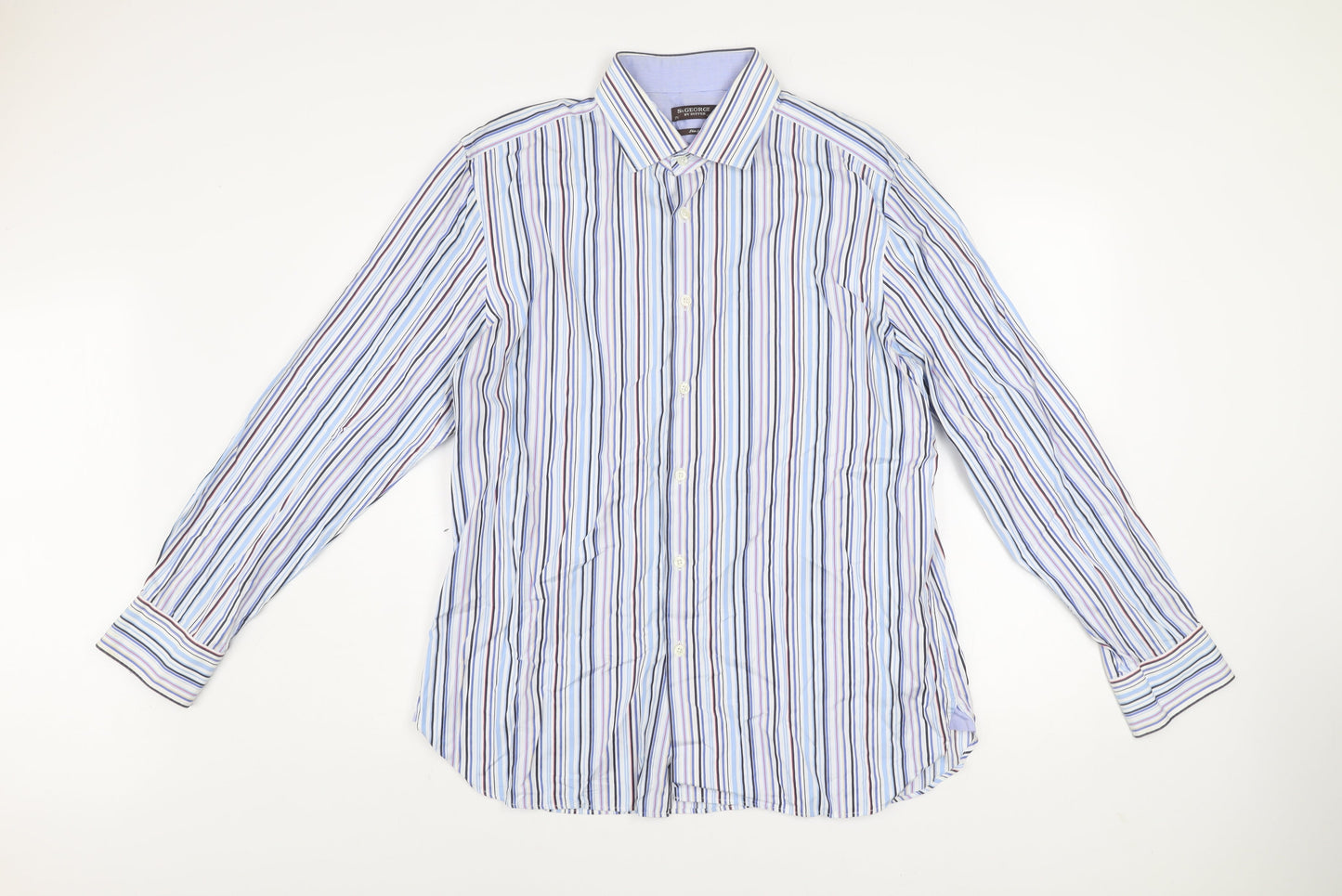 St George by Duffer Men's Blue Striped Slim Fit Long Sleeve Shirt 17.5in