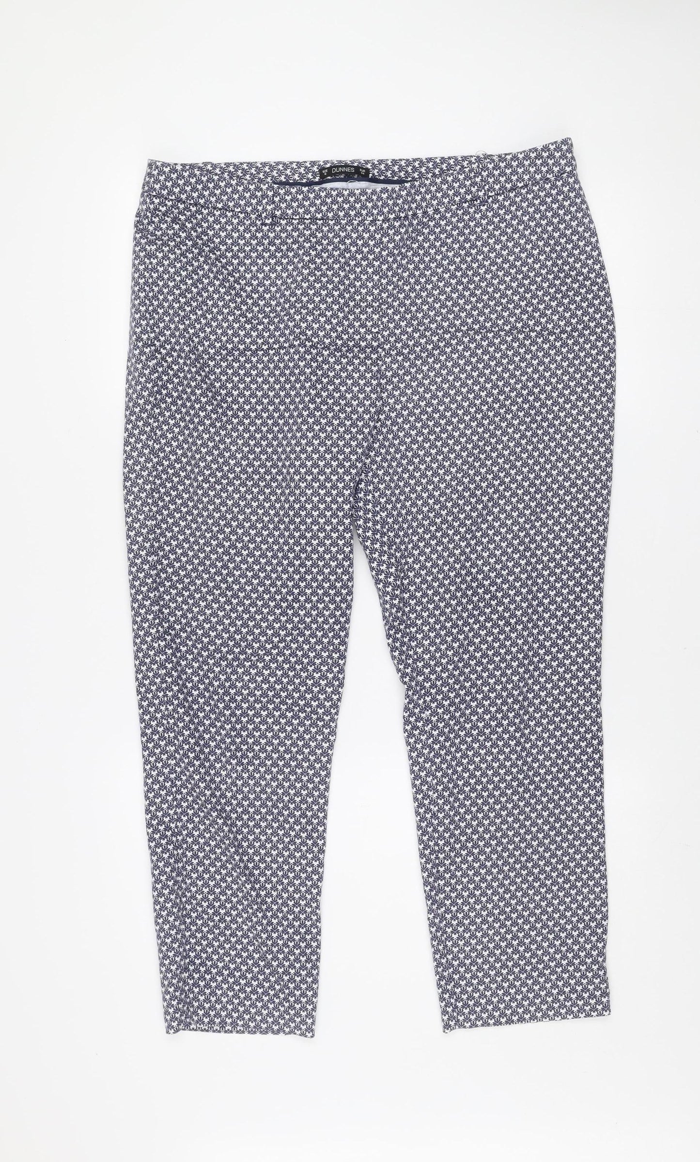 Dunnes Women's Blue Geometric Stretch Cotton Blend Trousers Size 16