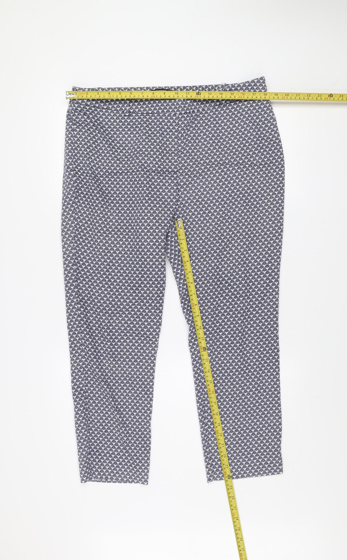 Dunnes Women's Blue Geometric Stretch Cotton Blend Trousers Size 16