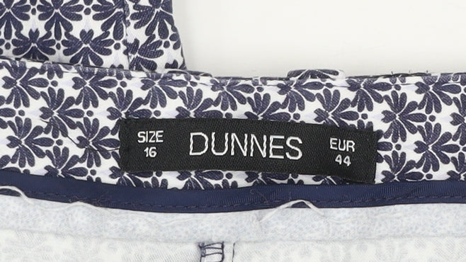 Dunnes Women's Blue Geometric Stretch Cotton Blend Trousers Size 16