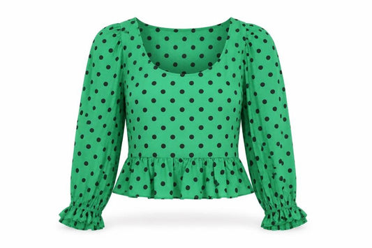 Zara Women’s Green Polka Dot Cropped Blouse Long Puff Sleeve Size S