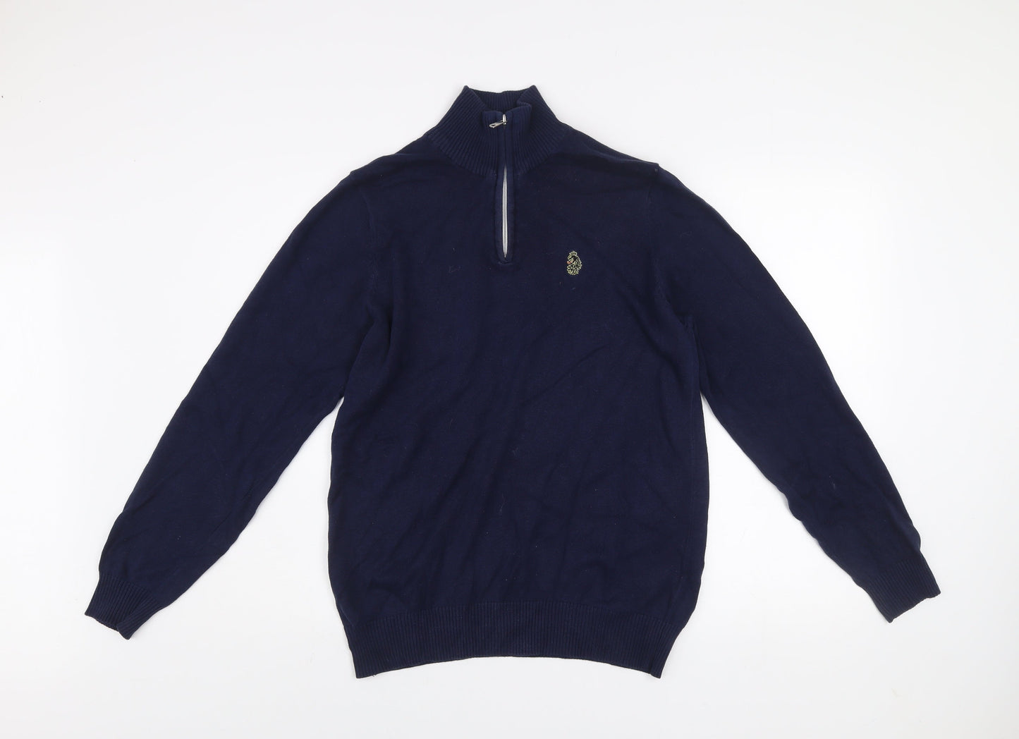 Luke Men's Blue Small 1/4 Zip Cotton Jumper High Neck Knitwear