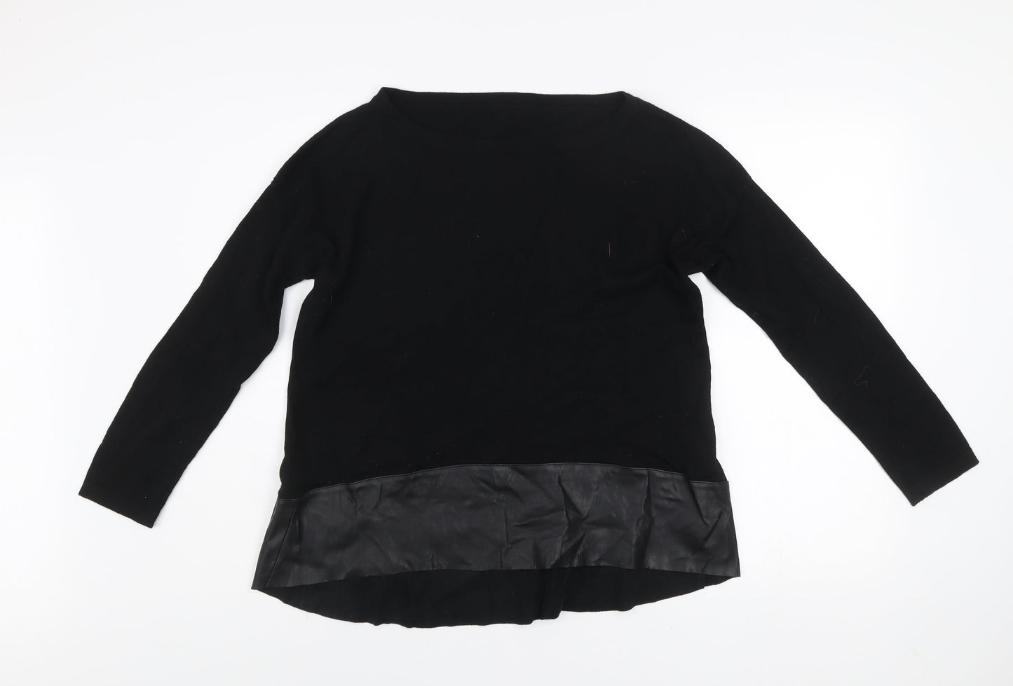 Liu Jo Women Black Wool Faux Leather Trim Pullover Jumper L