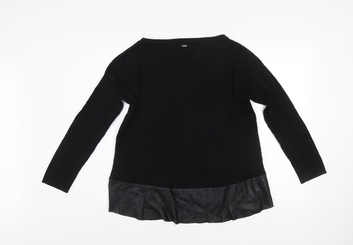 Liu Jo Women Black Wool Faux Leather Trim Pullover Jumper L