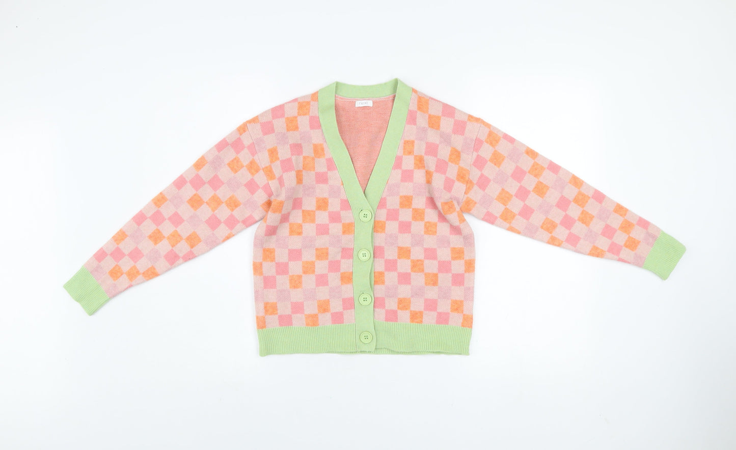 Marks & Spencer Girls Pink Orange Check Cardigan 10 Years Acrylic Blend