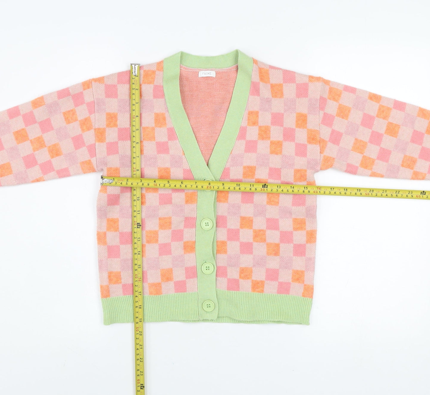 Marks & Spencer Girls Pink Orange Check Cardigan 10 Years Acrylic Blend