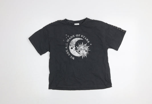 Next Girls Black 11 Years Studded Celestial Graphic Cotton T-Shirt