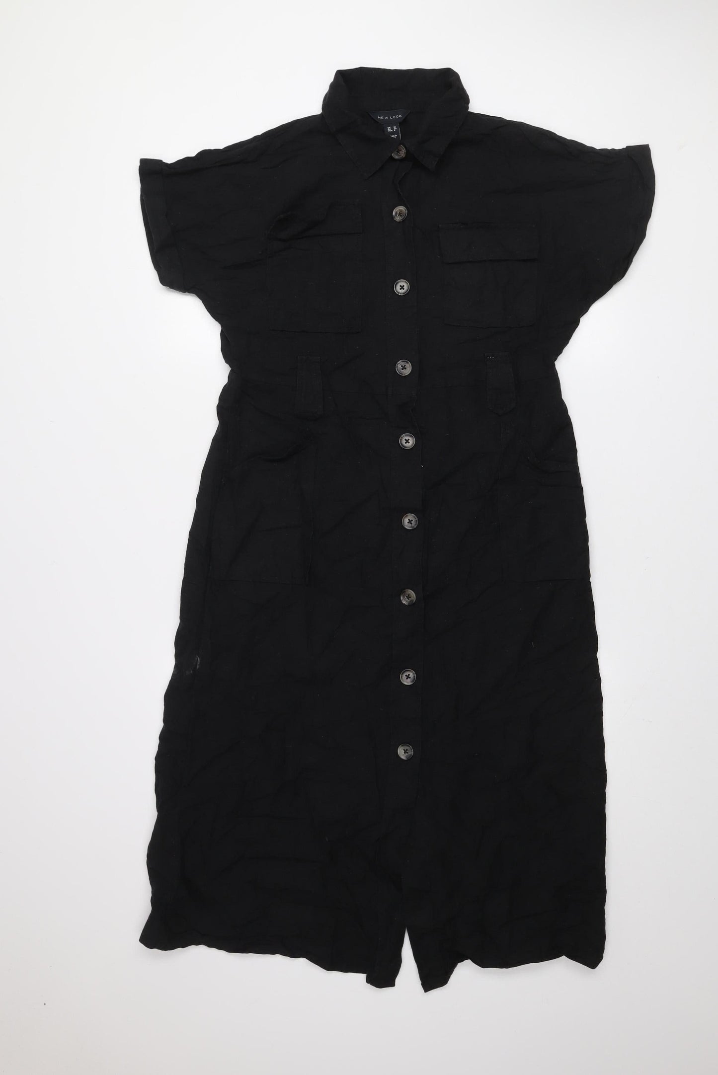 New Look Women’s Black Midi Shirt Dress Size 12 Collared Button Front