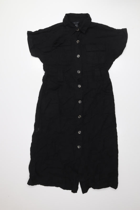 New Look Women’s Black Midi Shirt Dress Size 12 Collared Button Front