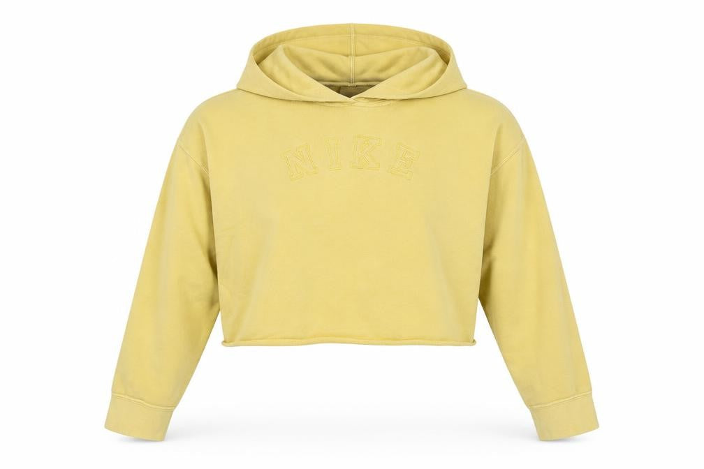 Nike Women’s Beige Cropped Pullover Hoodie L Embroidered Logo Cotton Blend