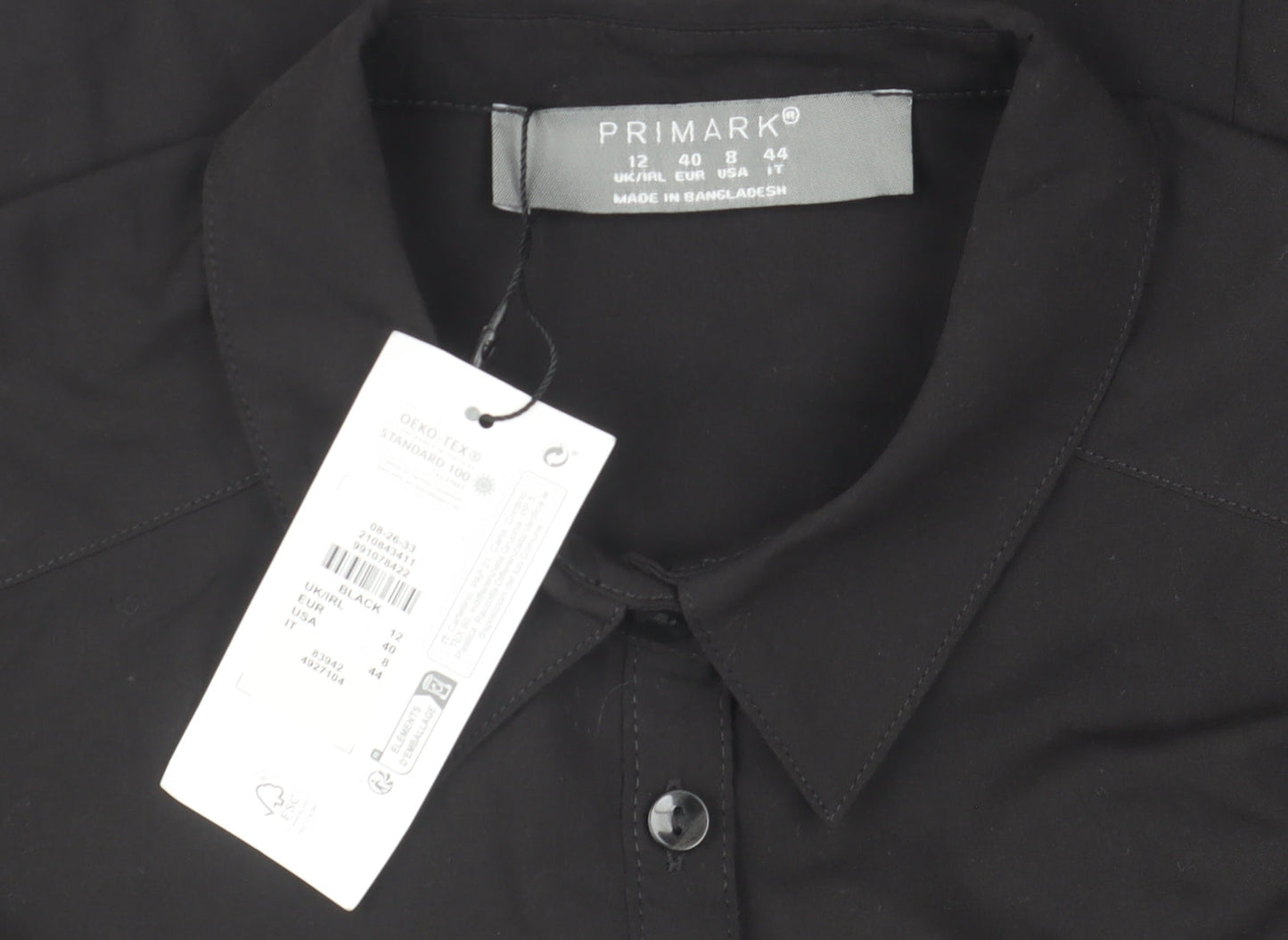 Primark Women's Black Long Sleeve Button-Up Work Blouse Size 12