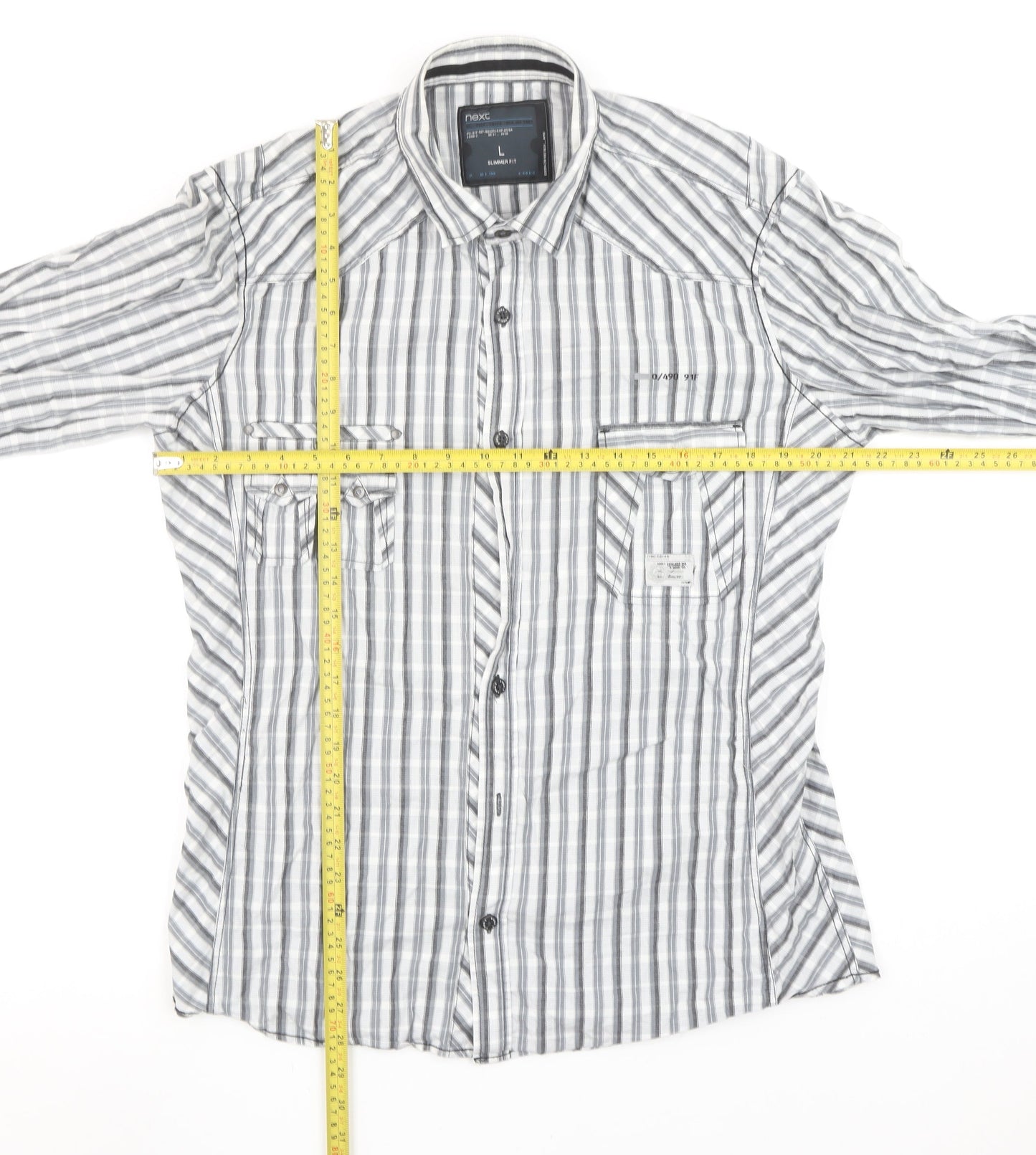 Next Men’s Grey Striped Slim Fit Long Sleeve Cotton Button-Up Shirt Size L